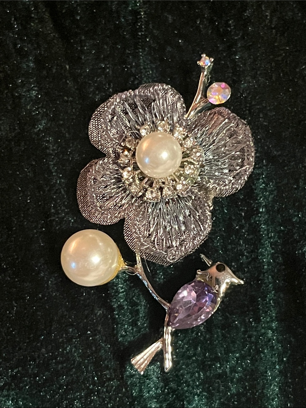 Silver Mesh Floral Pearl & Purple Crystal Bird Brooch - Elegant Women Brooche